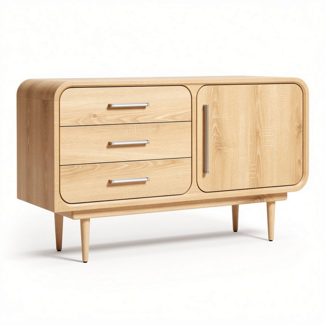 Buffet en bois naturel de hêtre avec trois tiroirs et une porte 120 x 40 x 75cm