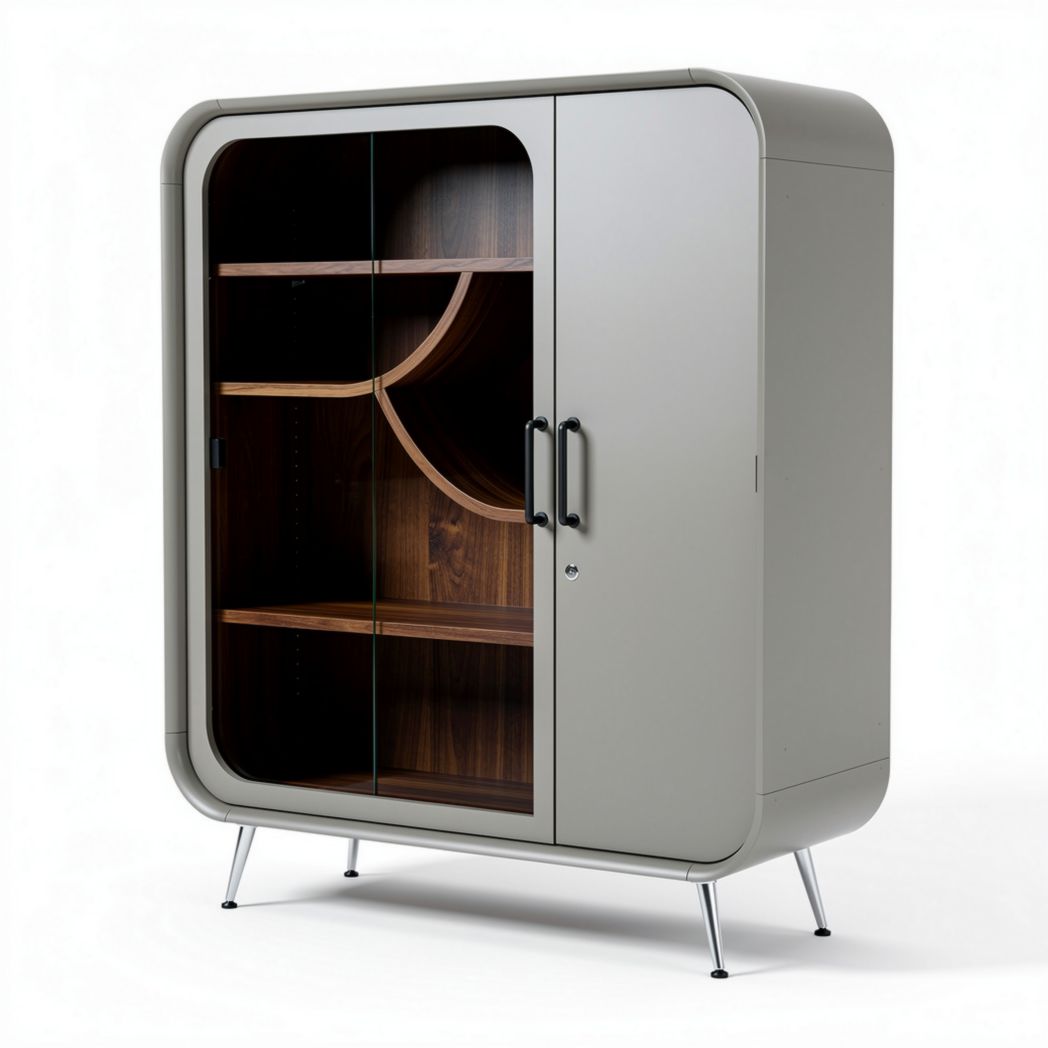 Cabinet de rangement en métal gris avec portes en verre et étagères en bois 80 x 40 x 100cm