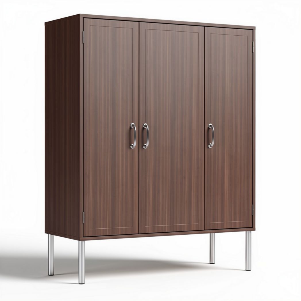 Armoire de rangement en bois marron avec trois portes et pieds en métal 90 x 40 x 180cm