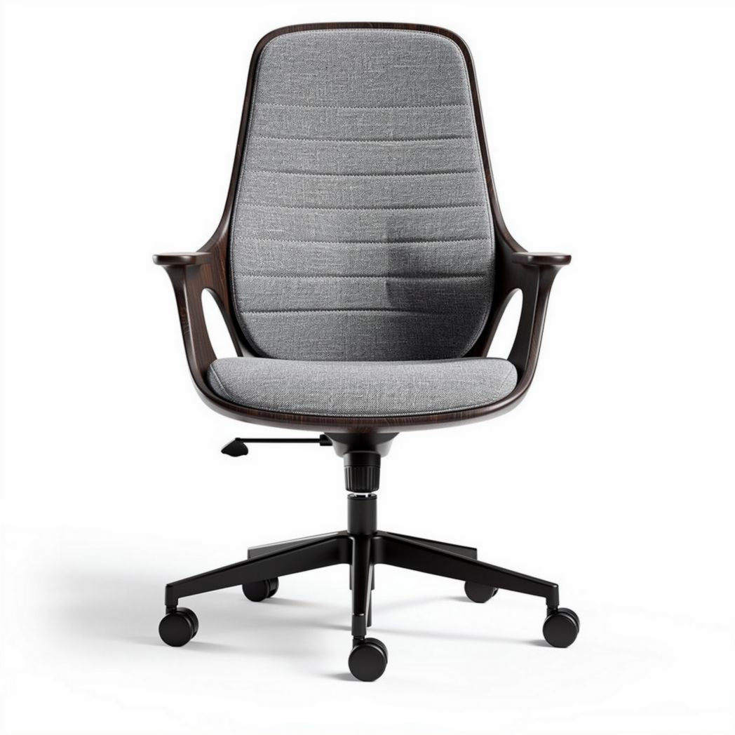 Chaise de bureau en tissu gris avec structure en bois et roulettes pivotantes