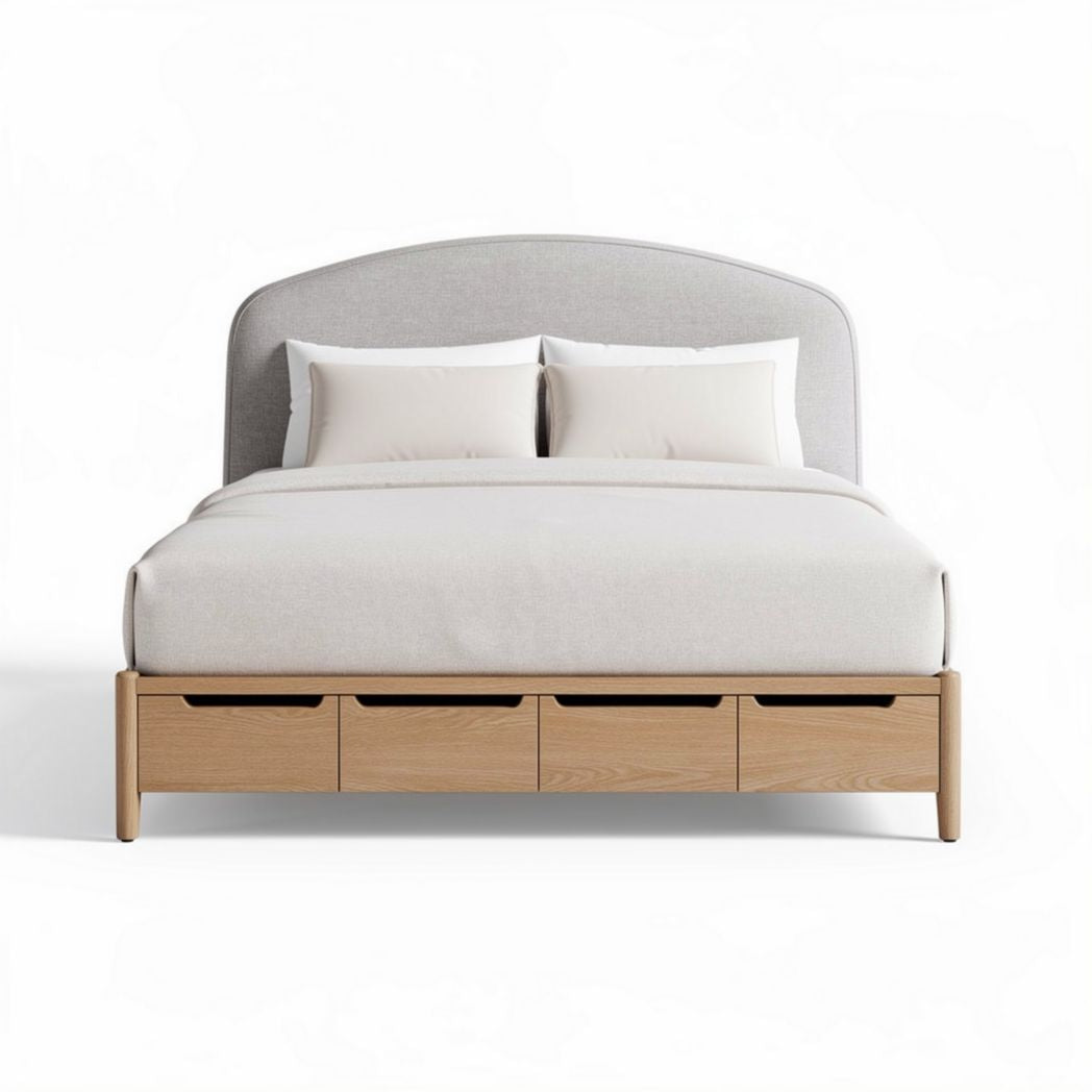 Lit avec tête de lit rembourrée en tissu gris et rangement en bois 200 x 160 x 100cm