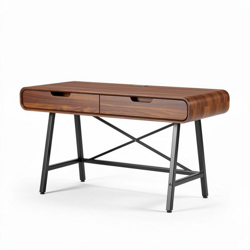 Bureau en bois de noyer avec deux tiroirs et pieds en métal noir 120 x 60 x 75cm