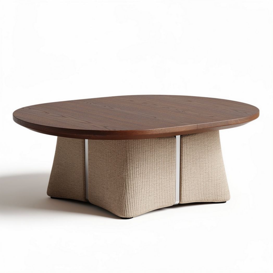Table basse ovale en bois et tissu beige 150 x 100 x 40cm pour salon