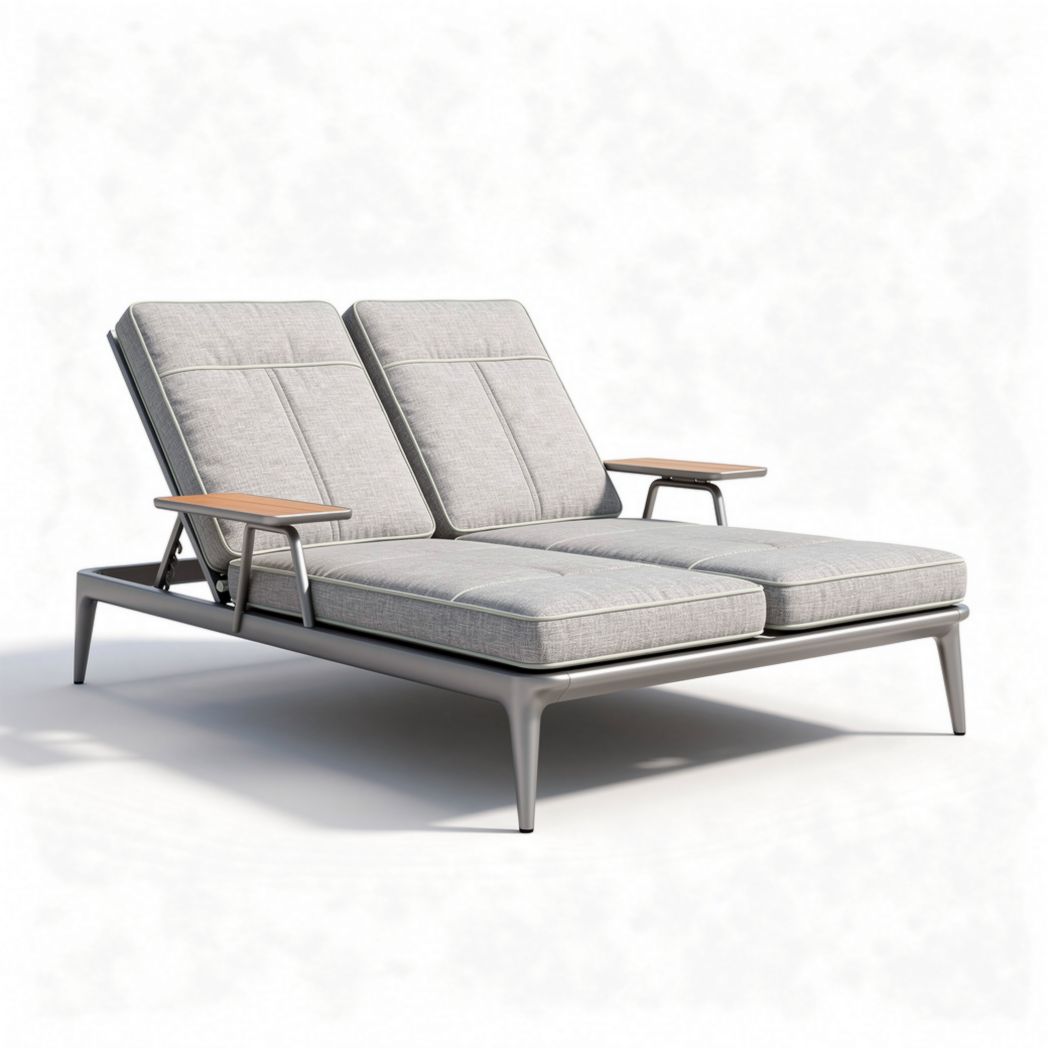 Chaise longue double en aluminium gris avec accoudoirs en bois dimensions 180 x 120 x 70cm